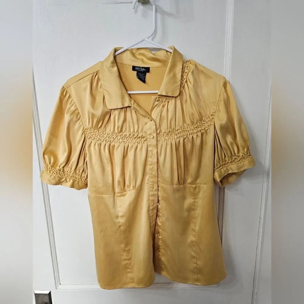 Bob Mackie Y2k style,  yellow, silky, button down blouse sz large, not oversized